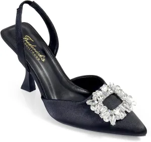 FREDERICK'S OF HOLLYWOOD POINTED TOE BACK SLING LOW HEEL W/BUCKLE RHINESTONE, FOH-STELLA