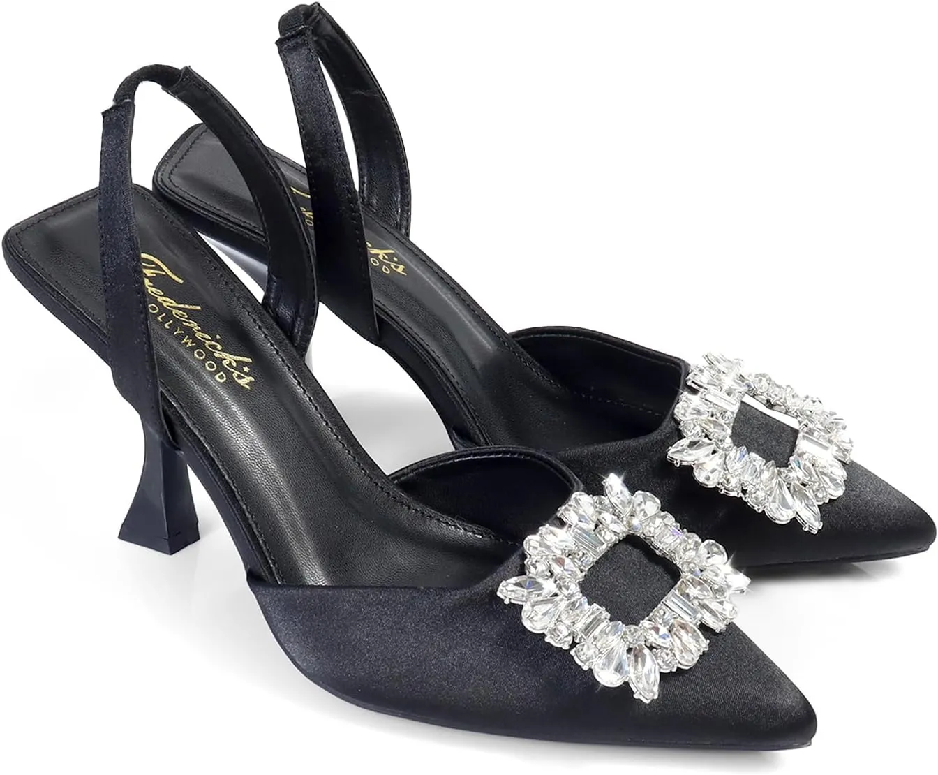FREDERICK'S OF HOLLYWOOD POINTED TOE BACK SLING LOW HEEL W/BUCKLE RHINESTONE, FOH-STELLA