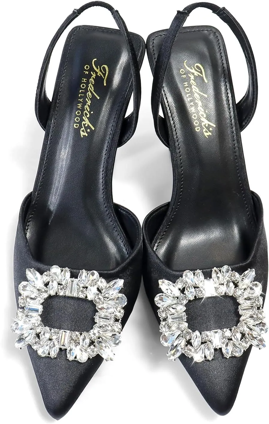 FREDERICK'S OF HOLLYWOOD POINTED TOE BACK SLING LOW HEEL W/BUCKLE RHINESTONE, FOH-STELLA