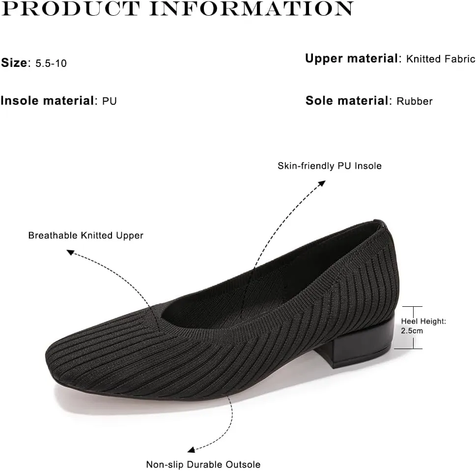 FUNKYMONEKY Women's Knit Chunky Low Heel Pumps Comfort Round Closed Toe Casual Dress Shoes