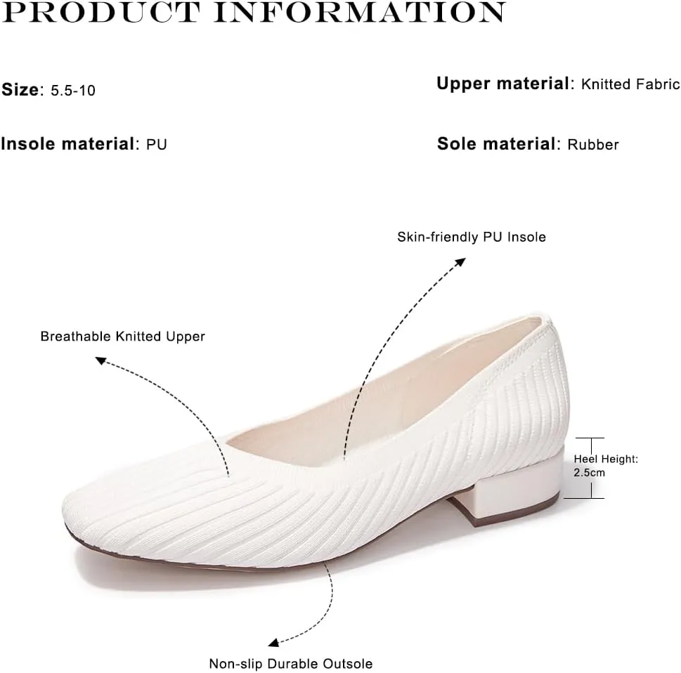 FUNKYMONEKY Women's Knit Chunky Low Heel Pumps Comfort Round Closed Toe Casual Dress Shoes