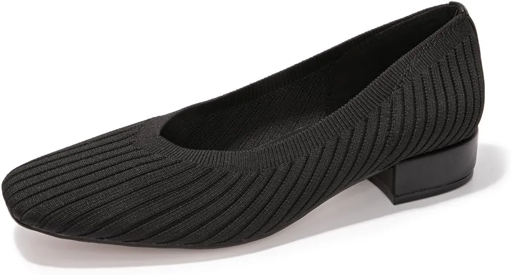 FUNKYMONEKY Women's Knit Chunky Low Heel Pumps Comfort Round Closed Toe Casual Dress Shoes