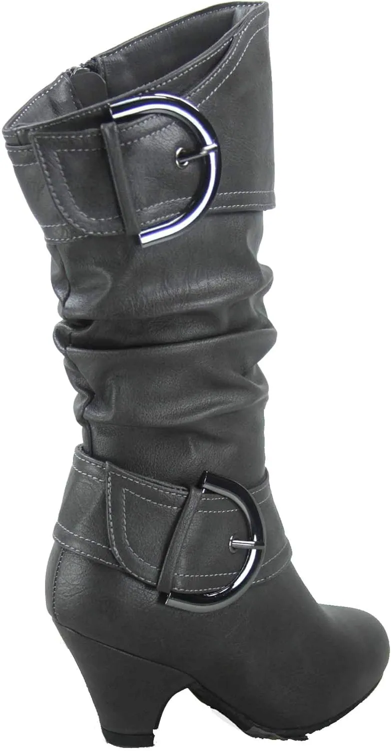 FZ Auto-9ks Girl's Kid's Fashion Cute Round Toe Buckle Dress Side Zipper Low Heel Boots Shoes