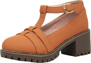 GATUXUS Women's Classic T-Strap Chunky Mid Heels Pumps Mary Janes Round Toe Platform Oxfords Dress Shoes