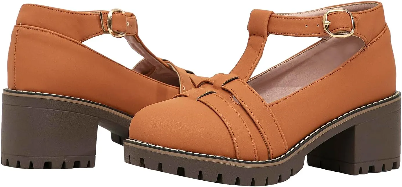 GATUXUS Women's Classic T-Strap Chunky Mid Heels Pumps Mary Janes Round Toe Platform Oxfords Dress Shoes