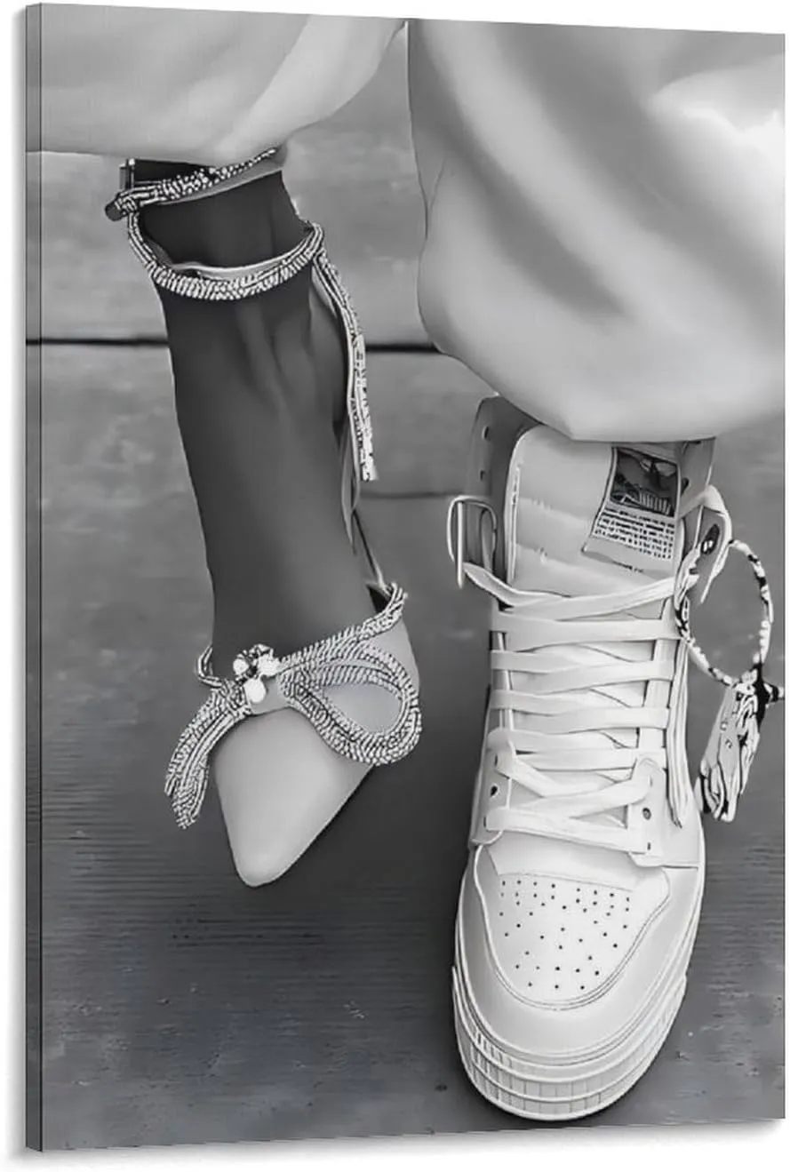 GAUSKY Sneaker And Heel Black And White Canvas Wall Art Posters For Room Aesthetic And Decor Poster For Bedroom Living Room Bathroom Kitchen Office Decor 12x18inch(30x45cm) Frame-style