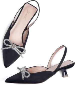GENSHUO Slingback Rhinestone Bow Heels for Women Closed Pointed Toe Kitten Pumps Slip On Stilettos Wedding Bride Dress Shoes