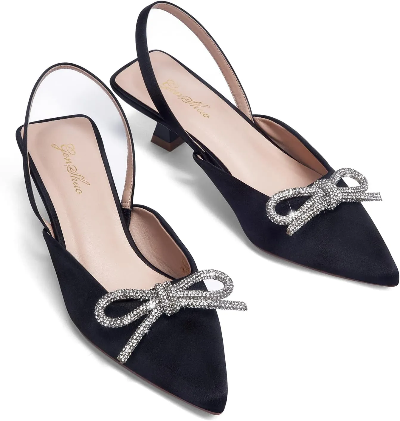 GENSHUO Slingback Rhinestone Bow Heels for Women Closed Pointed Toe Kitten Pumps Slip On Stilettos Wedding Bride Dress Shoes