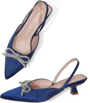 GENSHUO Slingback Rhinestone Bow Heels for Women Closed Pointed Toe Kitten Pumps Slip On Stilettos Wedding Bride Dress Shoes