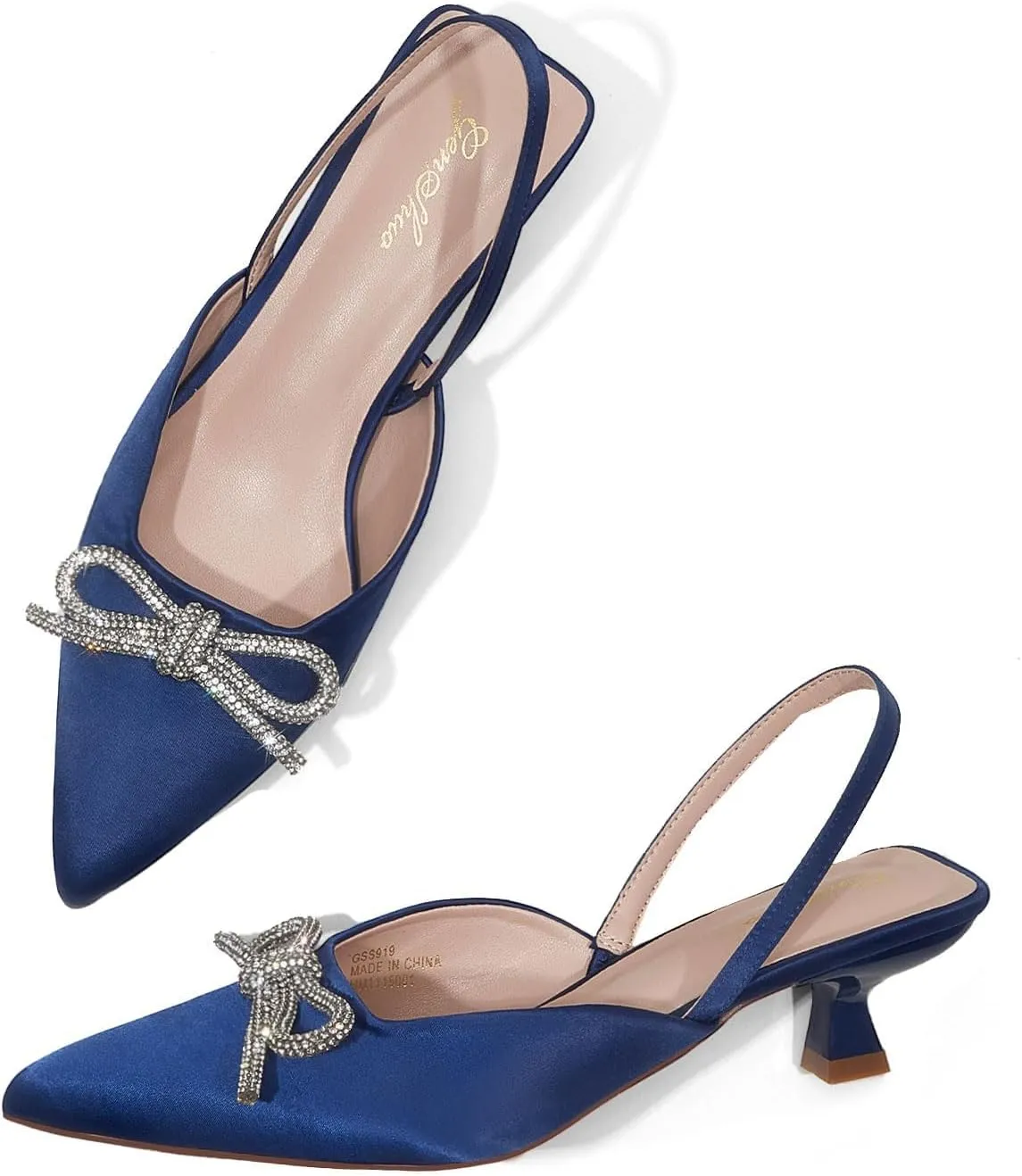 GENSHUO Slingback Rhinestone Bow Heels for Women Closed Pointed Toe Kitten Pumps Slip On Stilettos Wedding Bride Dress Shoes