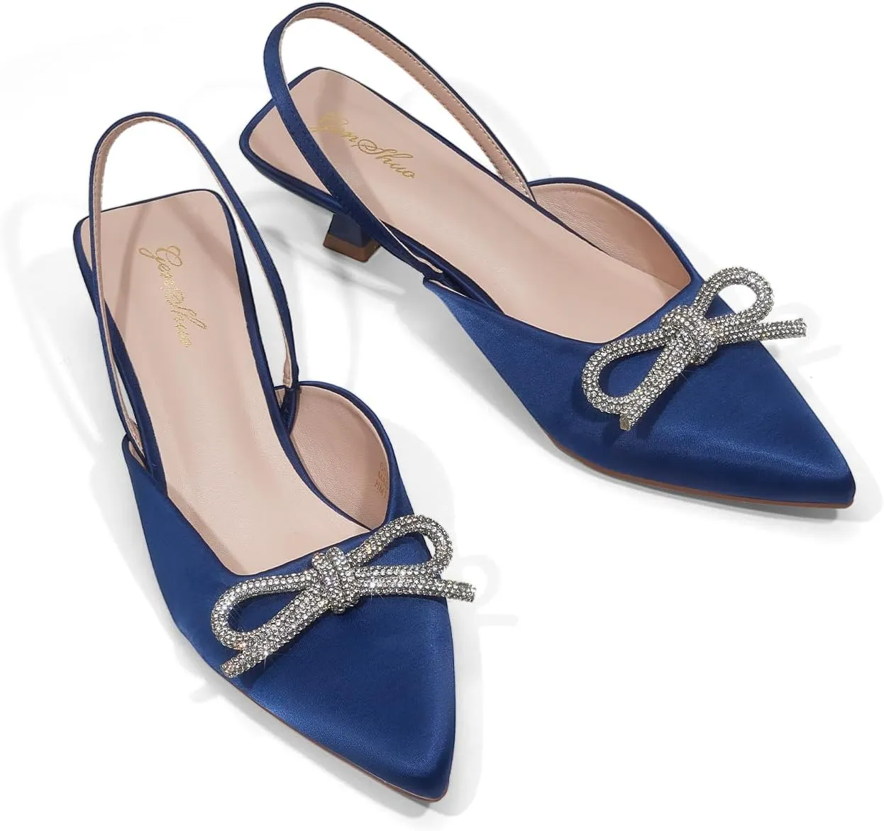 GENSHUO Slingback Rhinestone Bow Heels for Women Closed Pointed Toe Kitten Pumps Slip On Stilettos Wedding Bride Dress Shoes