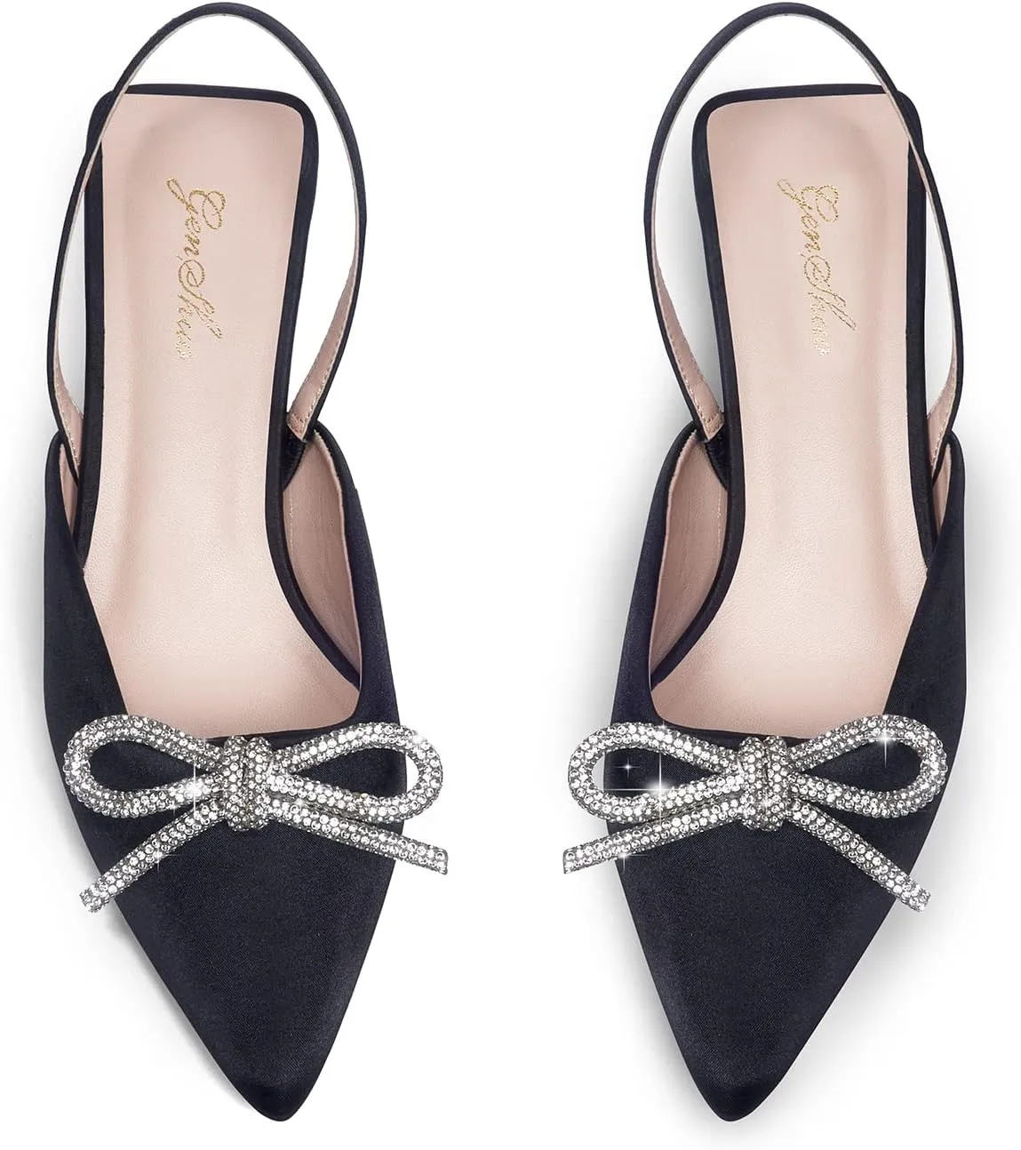 GENSHUO Slingback Rhinestone Bow Heels for Women Closed Pointed Toe Kitten Pumps Slip On Stilettos Wedding Bride Dress Shoes