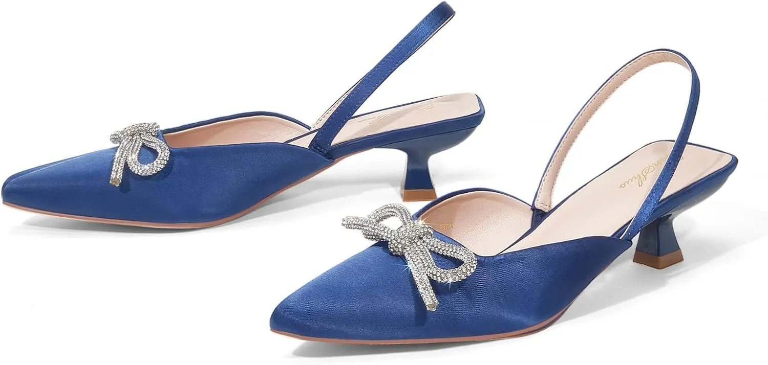 GENSHUO Slingback Rhinestone Bow Heels for Women Closed Pointed Toe Kitten Pumps Slip On Stilettos Wedding Bride Dress Shoes