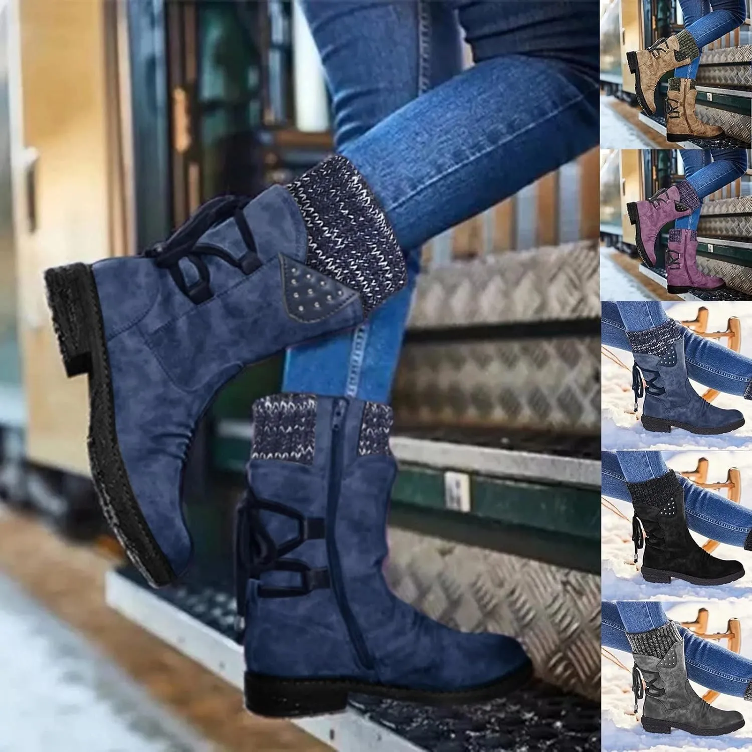 Gibobby Boots for Women Wide Calf,Retro Boots Comfy Flat Bottom Increased Combat Booties Outdoor Fringe Western Shoes