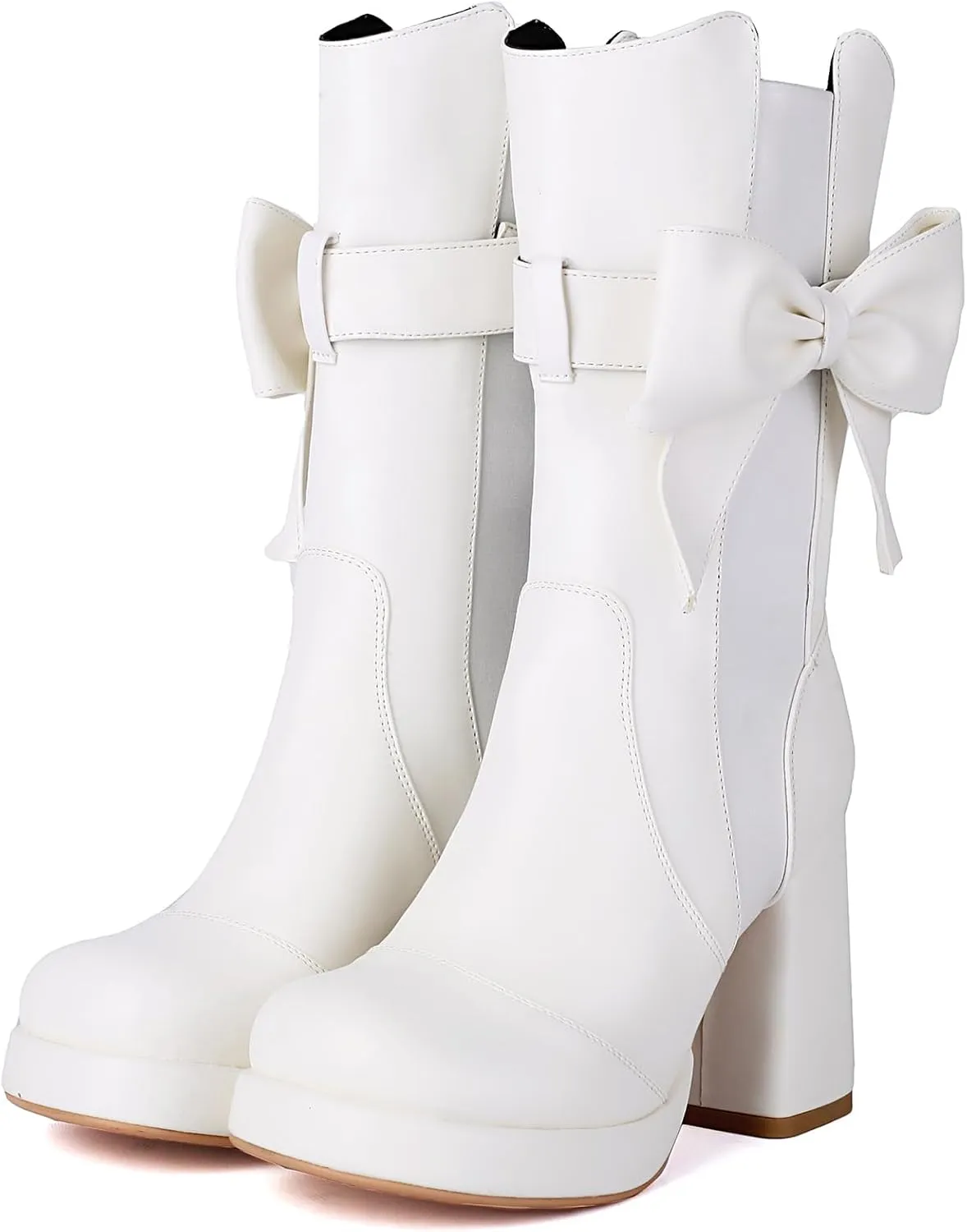 Gicoiz Women Round Toe Chunky Heel Mid Calf Bow Booties