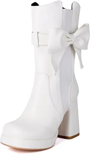 Gicoiz Women Round Toe Chunky Heel Mid Calf Bow Booties