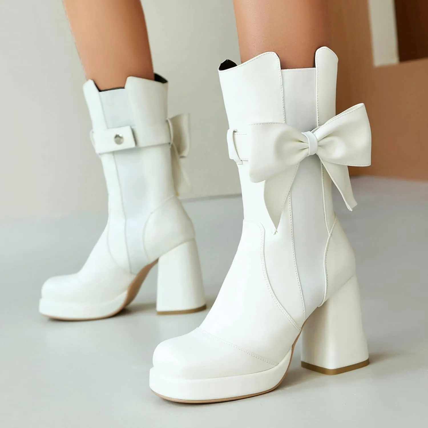 Gicoiz Women Round Toe Chunky Heel Mid Calf Bow Booties