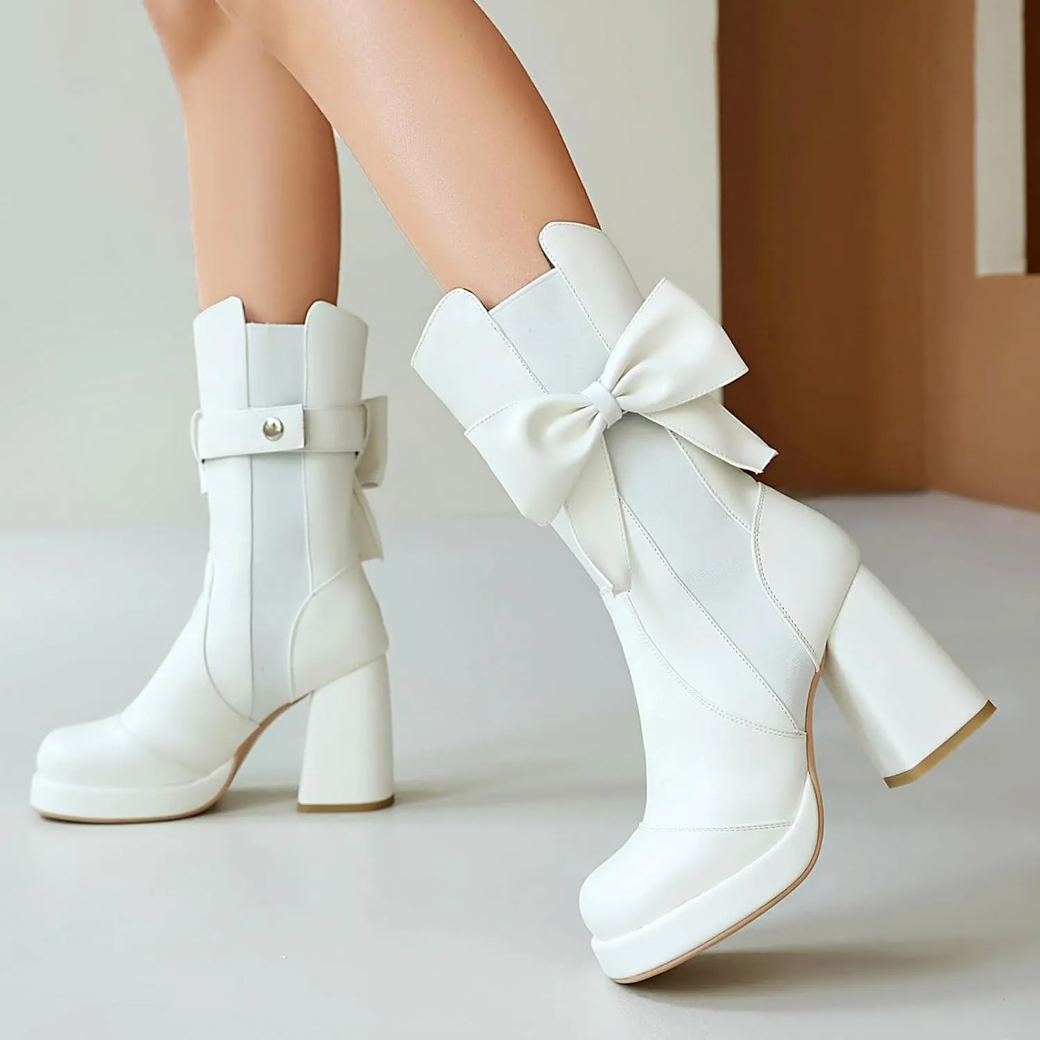 Gicoiz Women Round Toe Chunky Heel Mid Calf Bow Booties