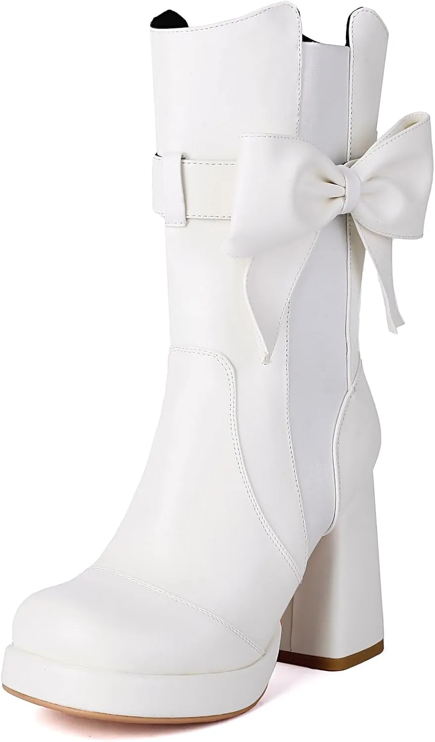 Gicoiz Women Round Toe Chunky Heel Mid Calf Bow Booties