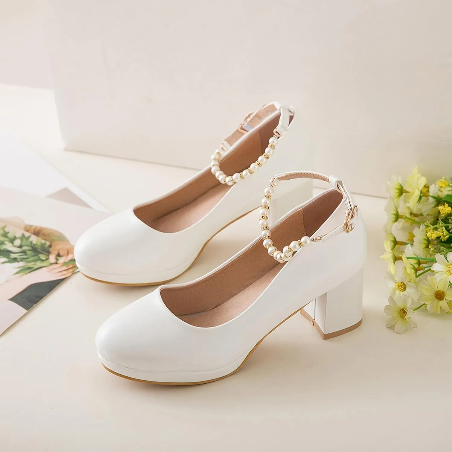 Gicoiz Women Round Toe Comfy Mary Jane Block Heel Pumps Bow