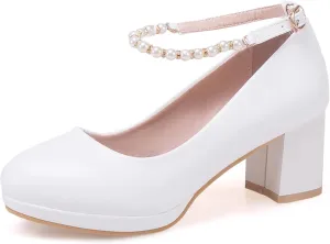Gicoiz Women Round Toe Comfy Mary Jane Block Heel Pumps Bow