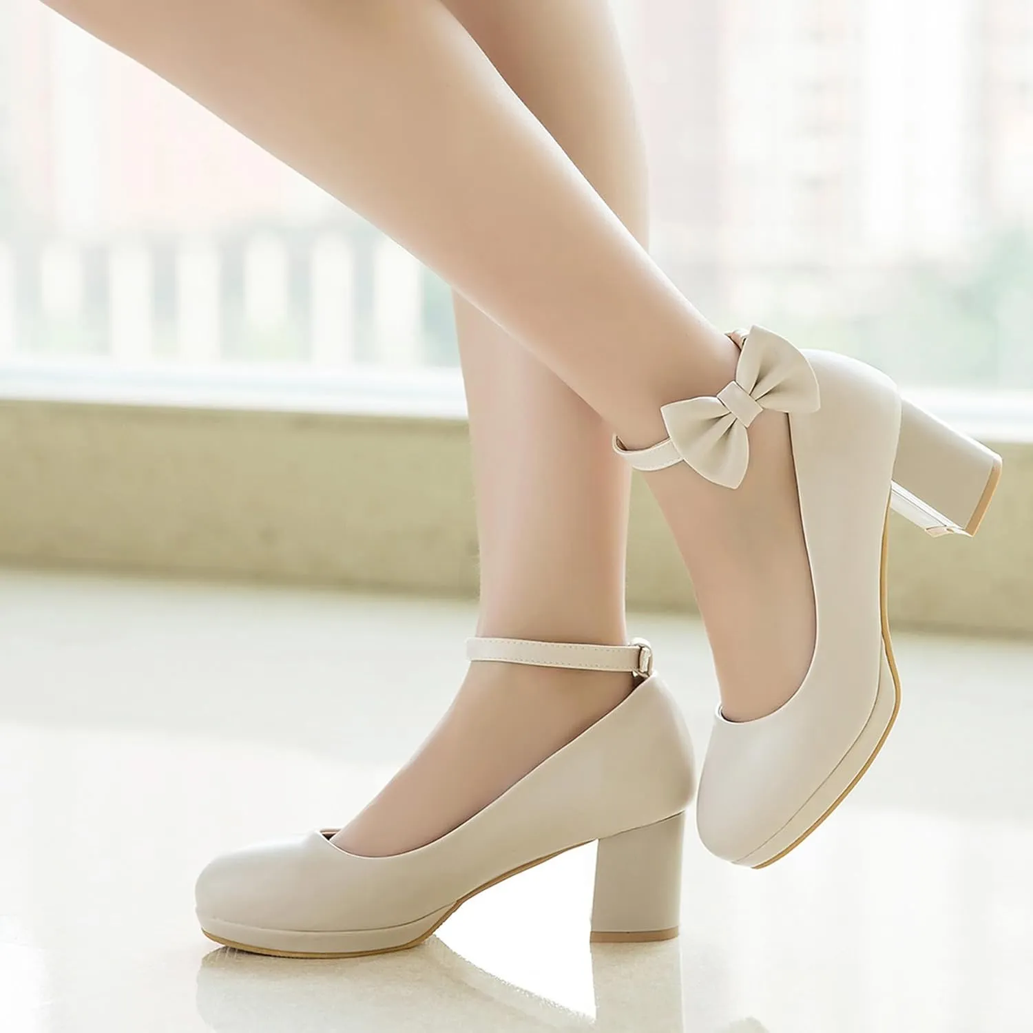 Gicoiz Women Round Toe Comfy Mary Jane Block Heel Pumps Bow