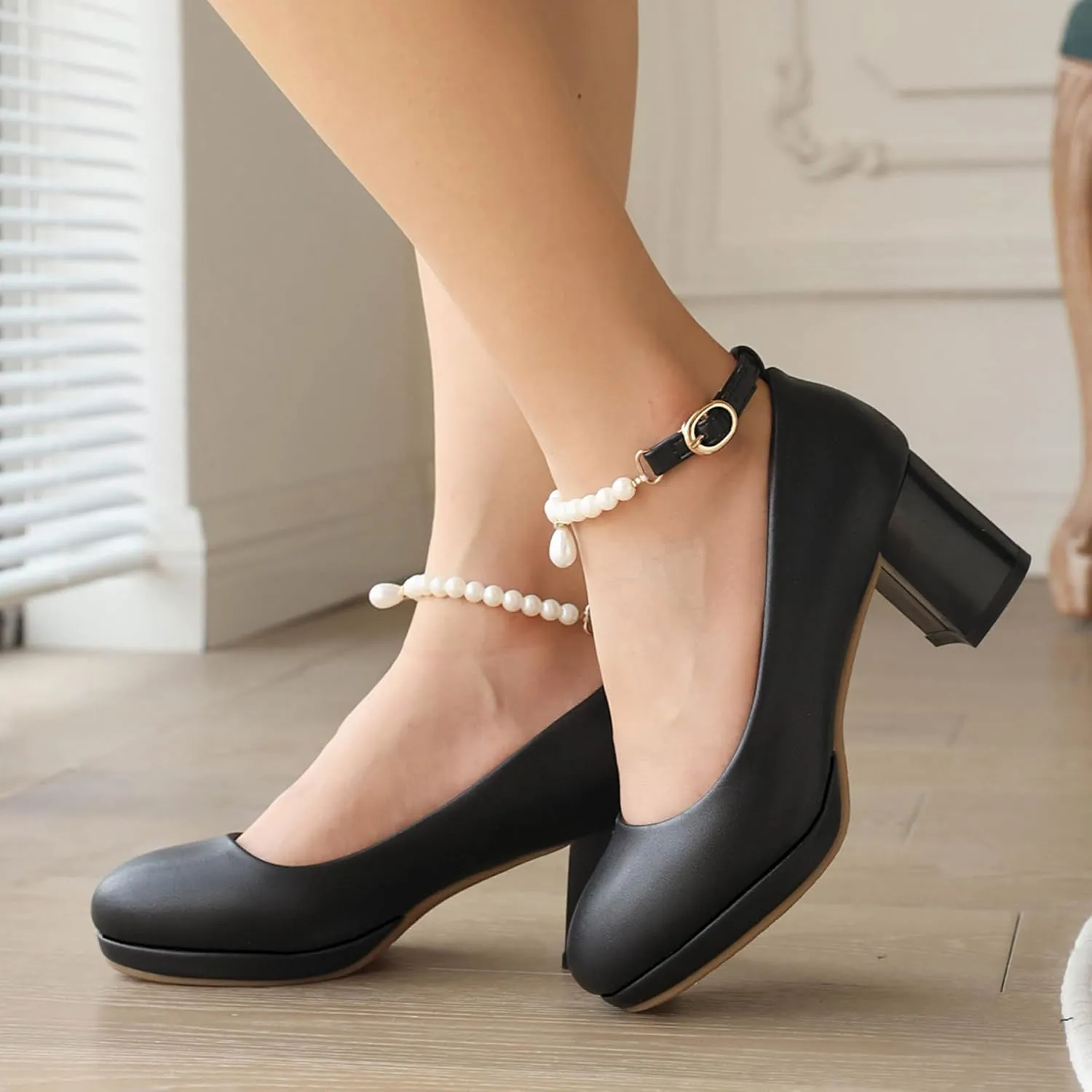 Gicoiz Women Round Toe Comfy Mary Jane Block Heel Pumps Bow