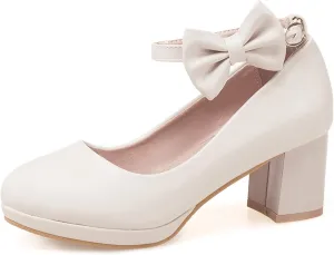 Gicoiz Women Round Toe Comfy Mary Jane Block Heel Pumps Bow