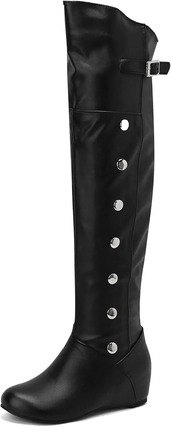 Gicoiz Womens Round Toe Winter Wedge Heel Over Knee Moccasin Boots