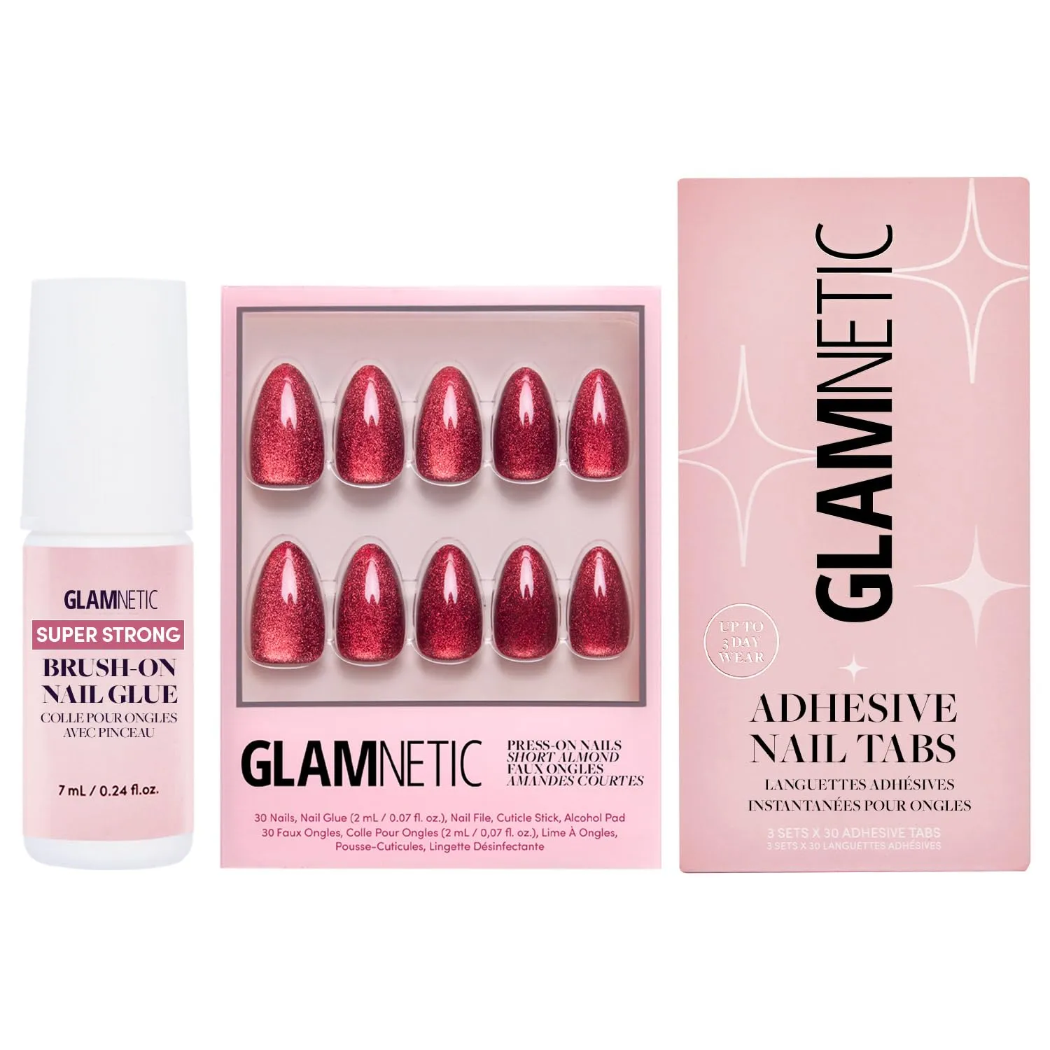 Glamnetic Press-On Nails - Ruby Slipper | Super Strong Brush On Nail Glue & Nail Adhesive Tabs | Deep Red Sparkly Short Almond Fake Nails with a Velvet Finish | 15 Sizes - 30 Nail Kit with Glue & Nail