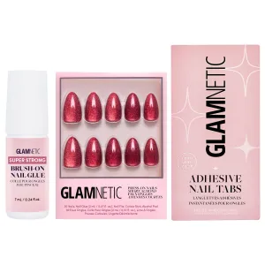 Glamnetic Press-On Nails - Ruby Slipper | Super Strong Brush On Nail Glue & Nail Adhesive Tabs | Deep Red Sparkly Short Almond Fake Nails with a Velvet Finish | 15 Sizes - 30 Nail Kit with Glue & Nail
