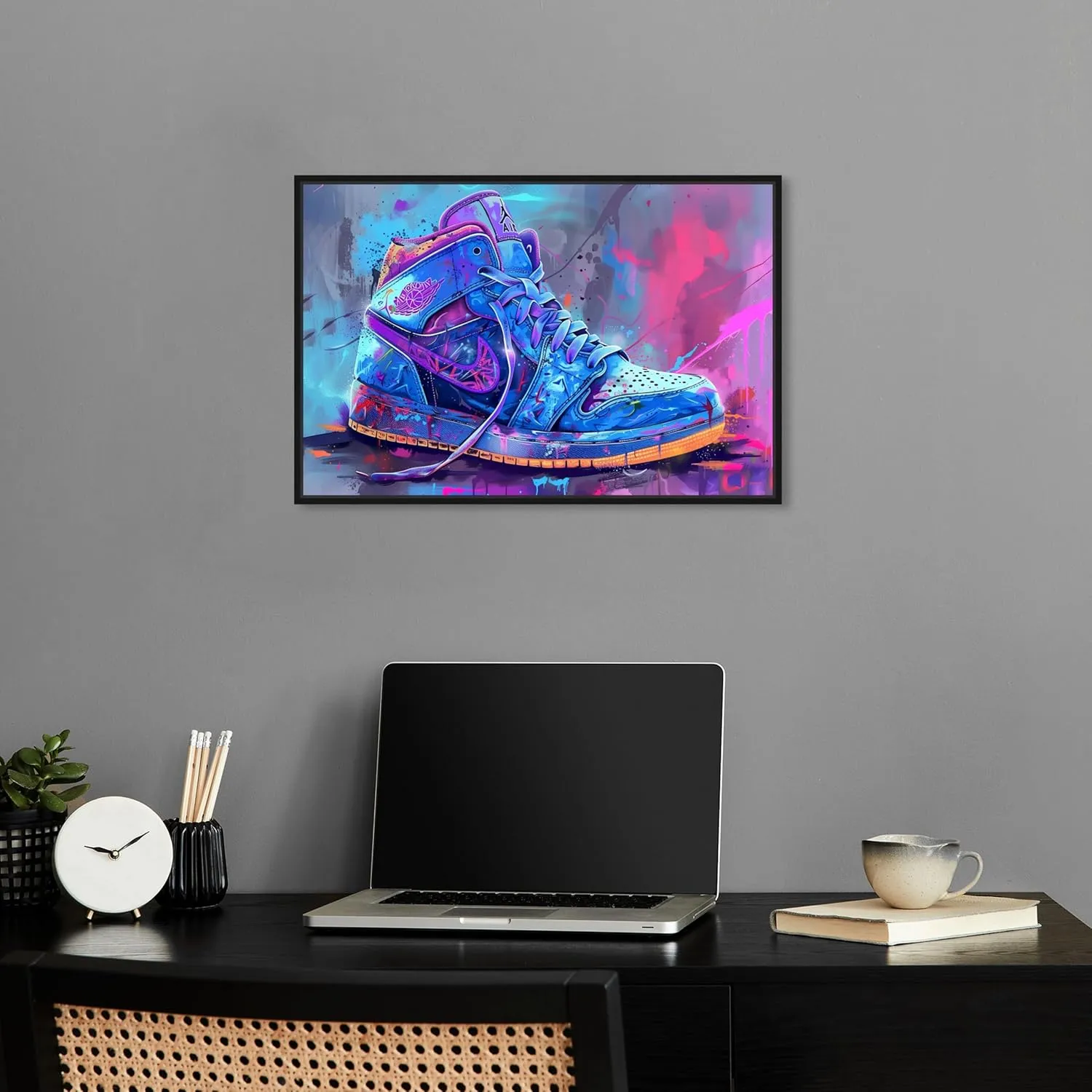 Graffiti Sneaker Urban Style Canvas Wall Art by Notoriart, Black Floater Frame, 24"x16"