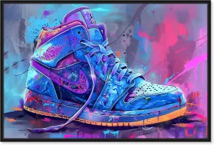 Graffiti Sneaker Urban Style Canvas Wall Art by Notoriart, Black Floater Frame, 24"x16"