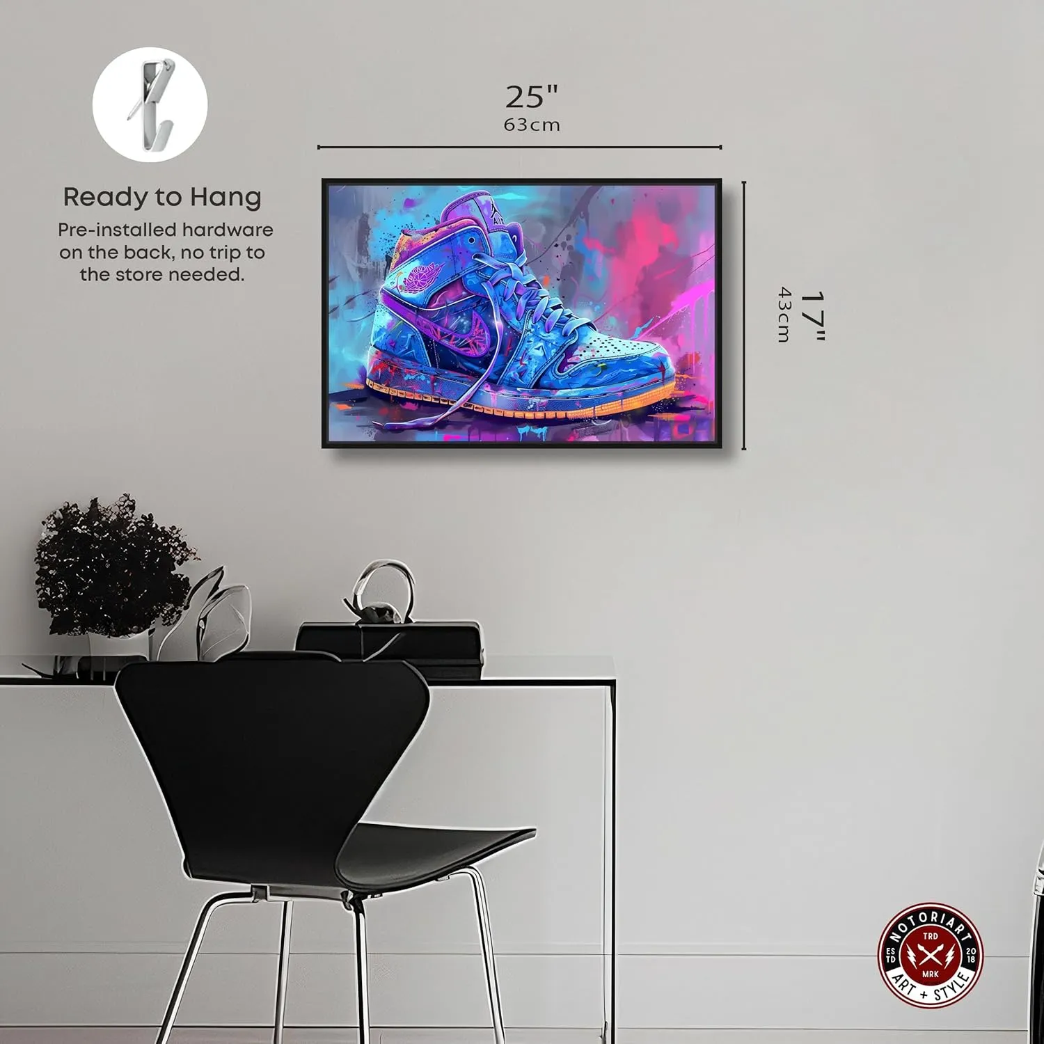 Graffiti Sneaker Urban Style Canvas Wall Art by Notoriart, Black Floater Frame, 24"x16"