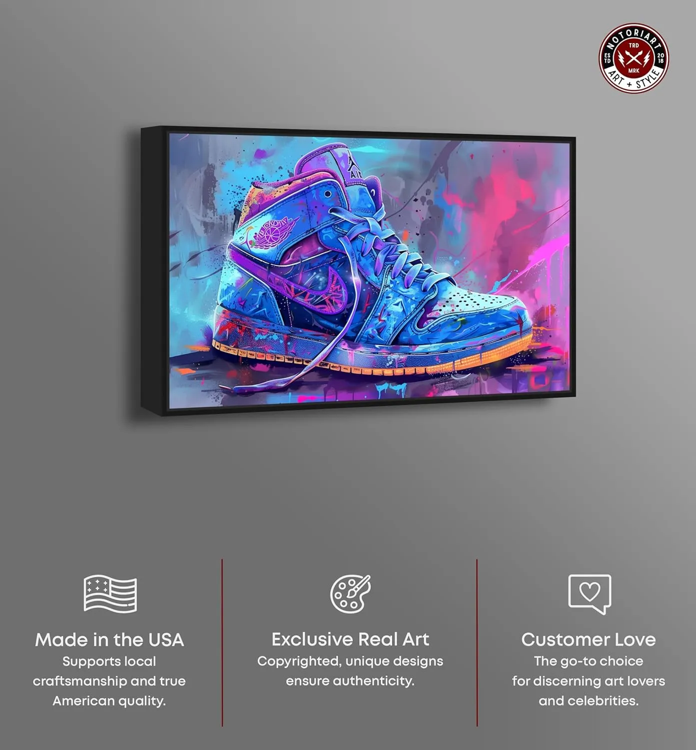 Graffiti Sneaker Urban Style Canvas Wall Art by Notoriart, Black Floater Frame, 24"x16"