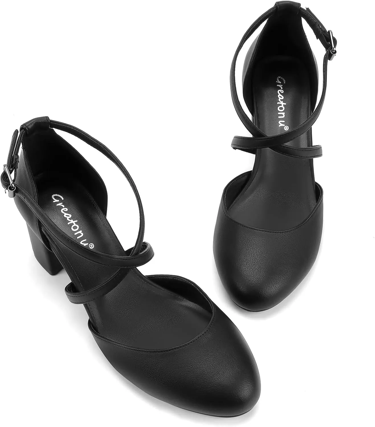 Greatonu Women's Low Block Heeled Dress Pumps Closed Round Toe Cross Strap Wedding Bridal Party Office Shoes 2.5 Inch