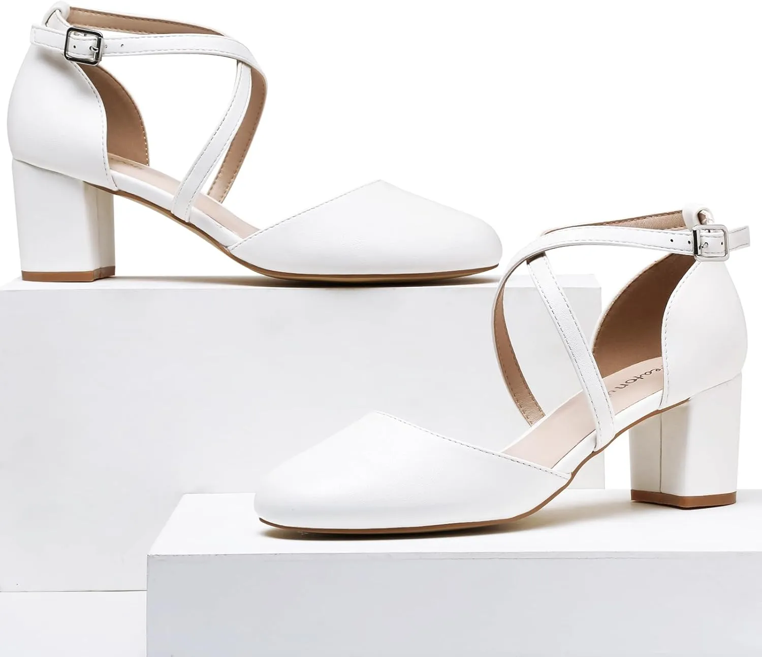 Greatonu Women's Low Block Heeled Dress Pumps Closed Round Toe Cross Strap Wedding Bridal Party Office Shoes 2.5 Inch