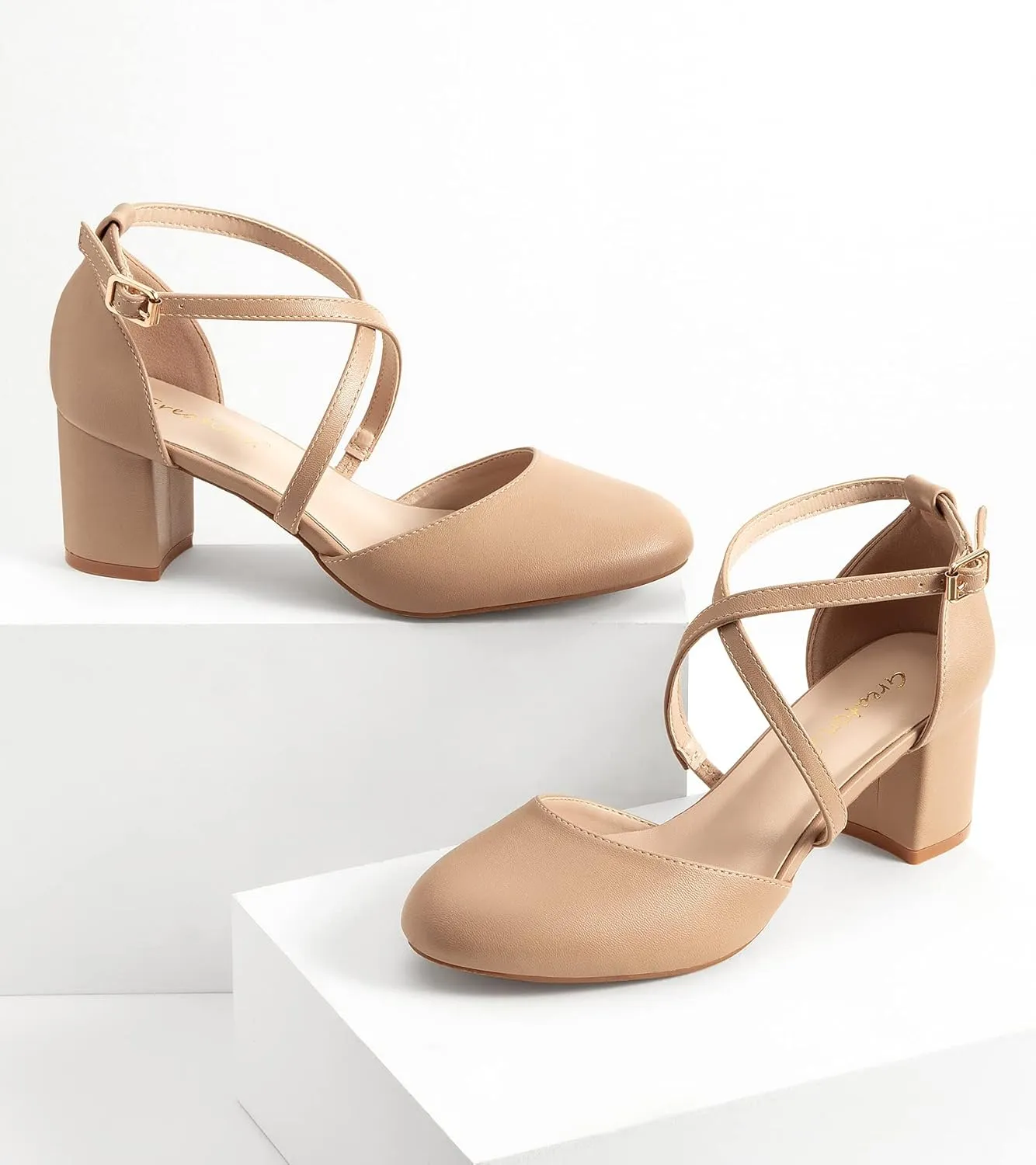 Greatonu Women's Low Block Heeled Dress Pumps Closed Round Toe Cross Strap Wedding Bridal Party Office Shoes 2.5 Inch