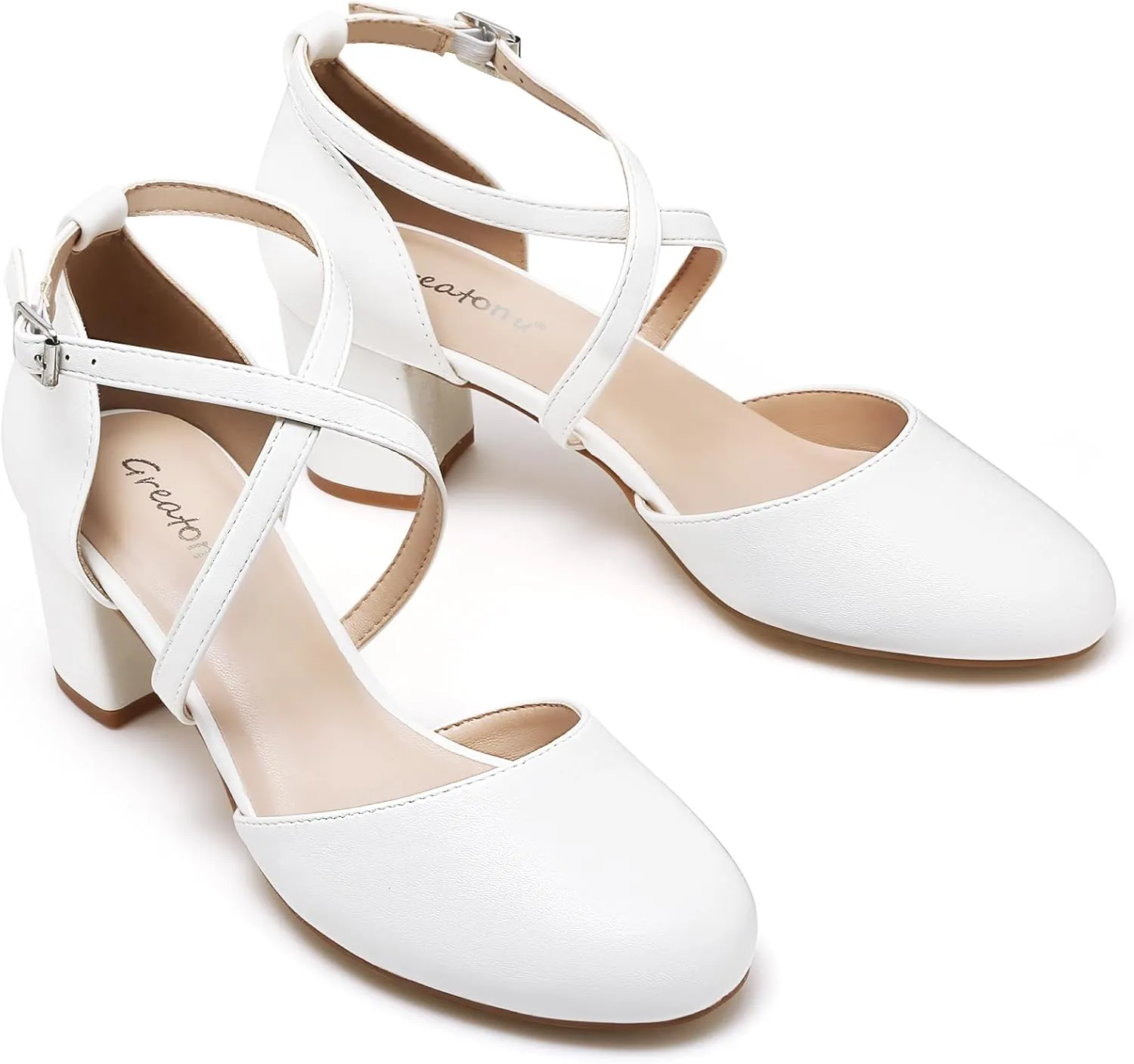 Greatonu Women's Low Block Heeled Dress Pumps Closed Round Toe Cross Strap Wedding Bridal Party Office Shoes 2.5 Inch