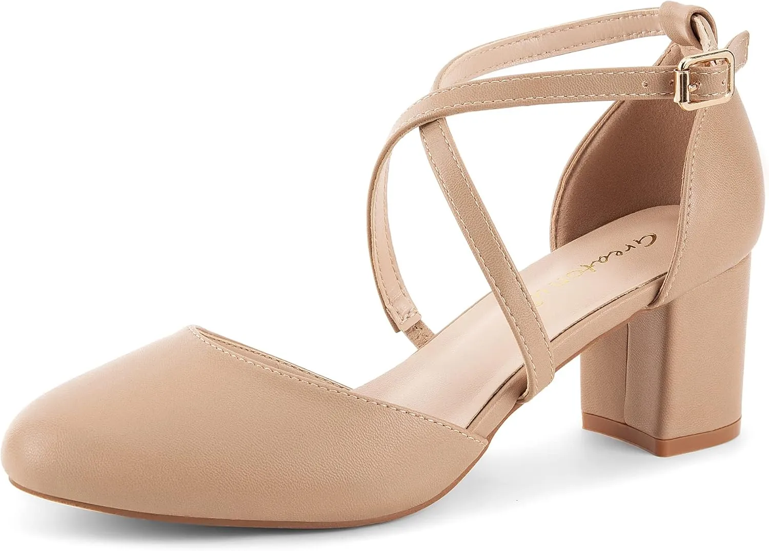 Greatonu Women's Low Block Heeled Dress Pumps Closed Round Toe Cross Strap Wedding Bridal Party Office Shoes 2.5 Inch