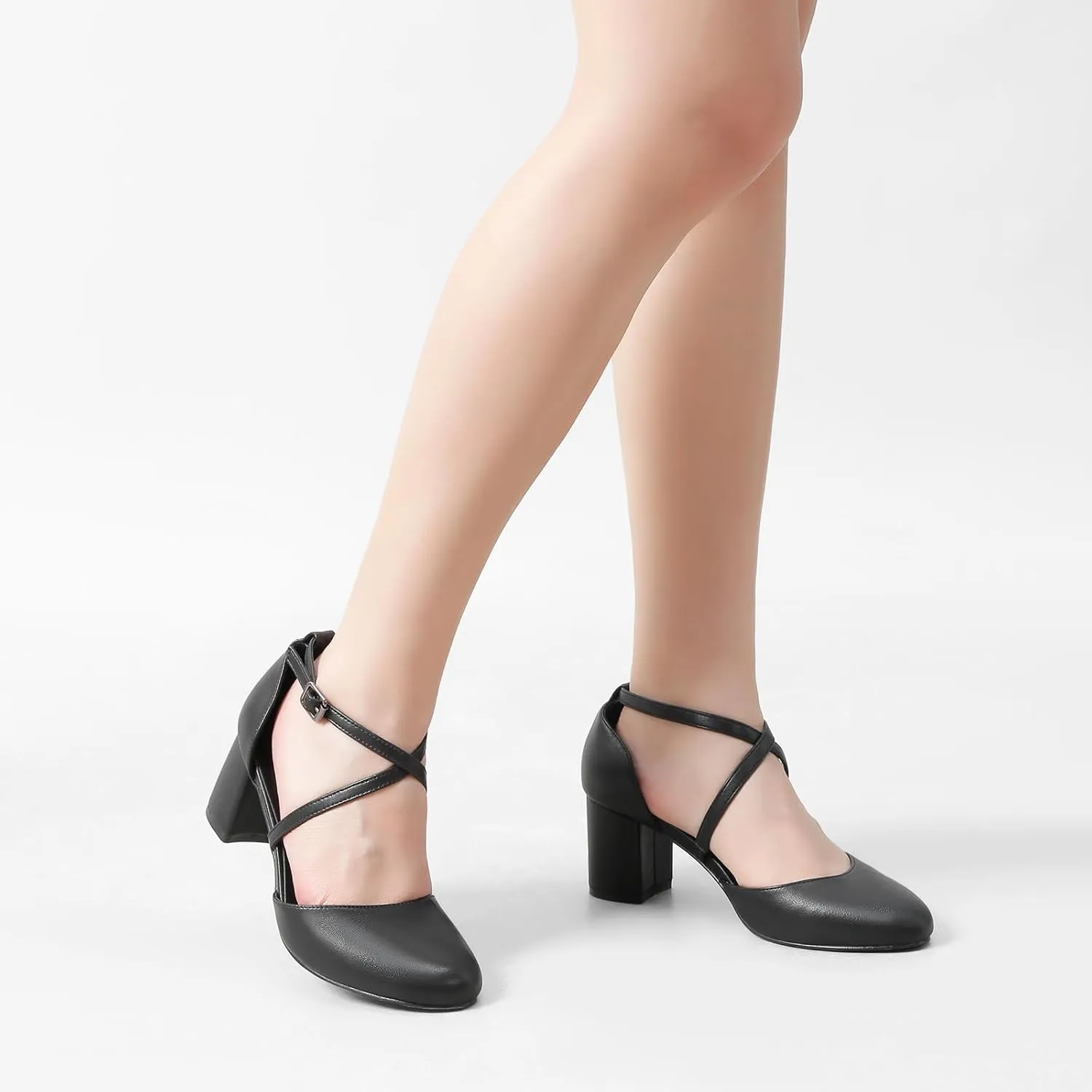 Greatonu Women's Low Block Heeled Dress Pumps Closed Round Toe Cross Strap Wedding Bridal Party Office Shoes 2.5 Inch