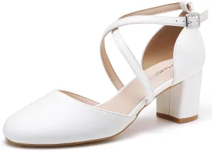 Greatonu Women's Low Block Heeled Dress Pumps Closed Round Toe Cross Strap Wedding Bridal Party Office Shoes 2.5 Inch