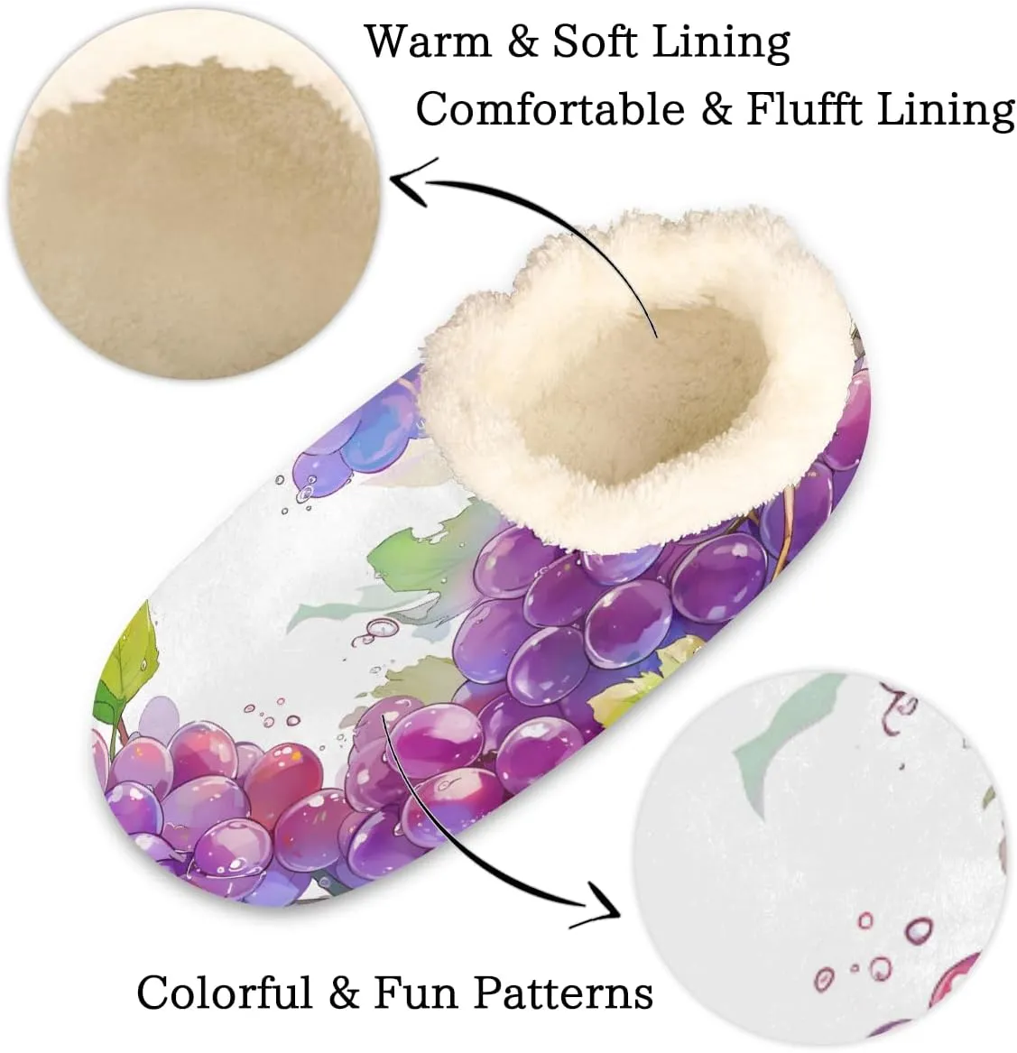 Hand-Painted Grapes Slippers for Women Slipper Socks Soft Fuzzy House Slippers Shoes for Indoor Bedroom, Winter Cozy Christmas Gifts, Purple Grapes