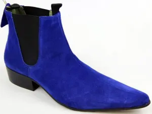 Handmade Blue Pointed Toe Suede Ankle Boots with Cuban Heel