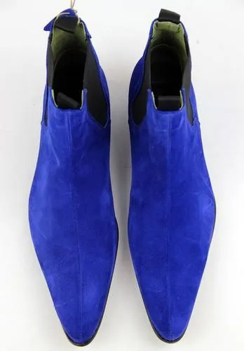 Handmade Blue Pointed Toe Suede Ankle Boots with Cuban Heel