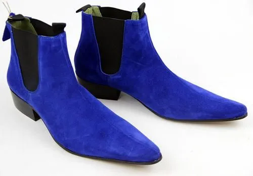 Handmade Blue Pointed Toe Suede Ankle Boots with Cuban Heel