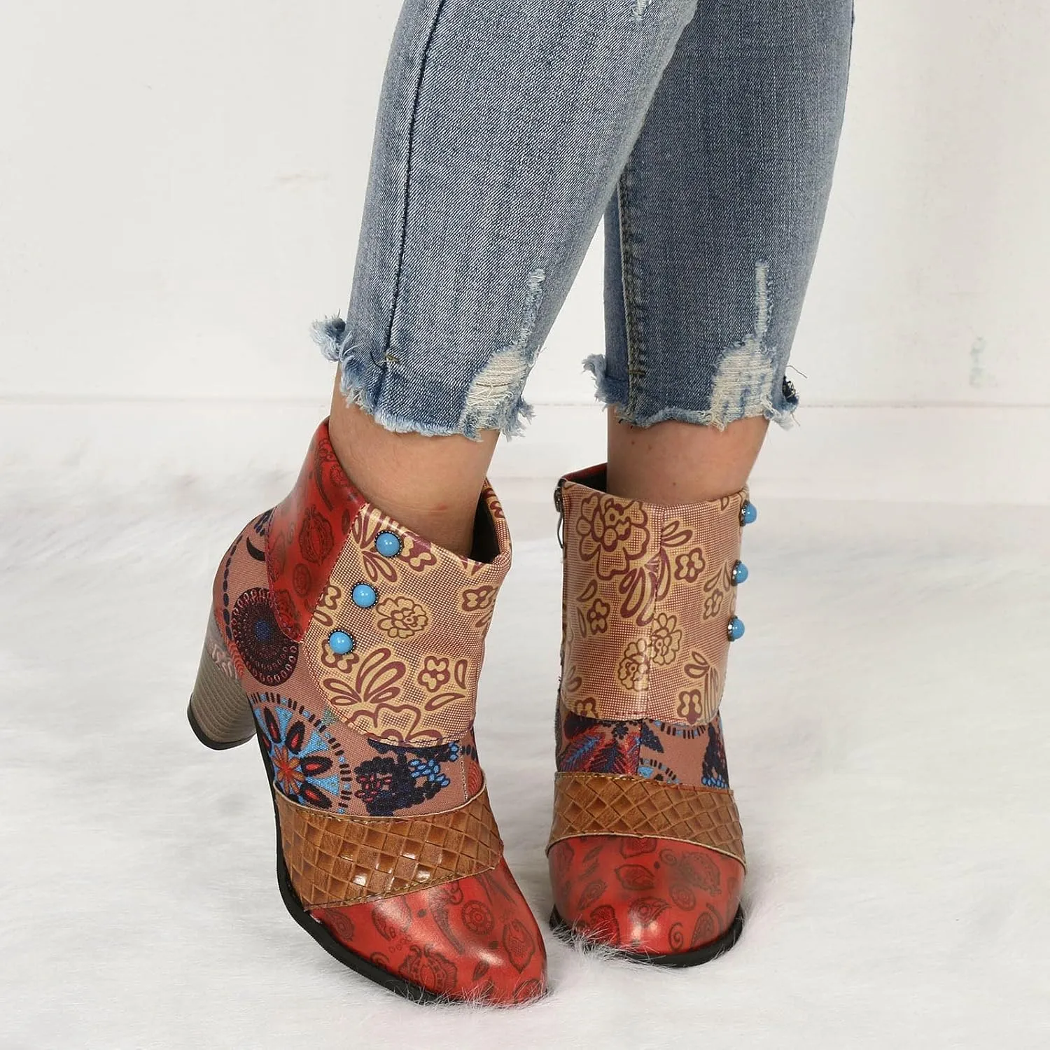 Hbeylia Boots For Women Fashion Snake Leather Round Toe Pump Ankle Booties Trendy Chunky High Heels Dress Short Boots For Ladies