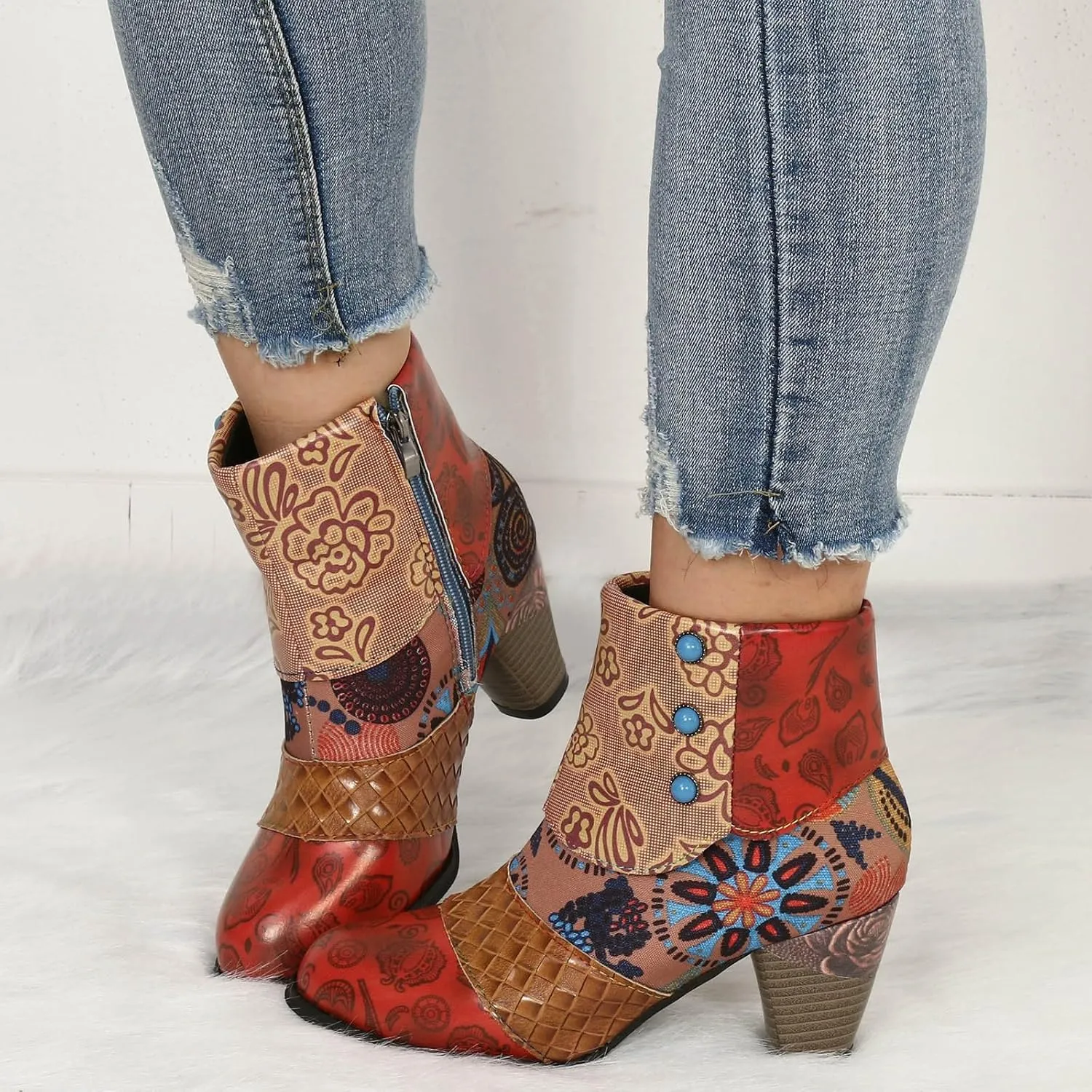 Hbeylia Boots For Women Fashion Snake Leather Round Toe Pump Ankle Booties Trendy Chunky High Heels Dress Short Boots For Ladies