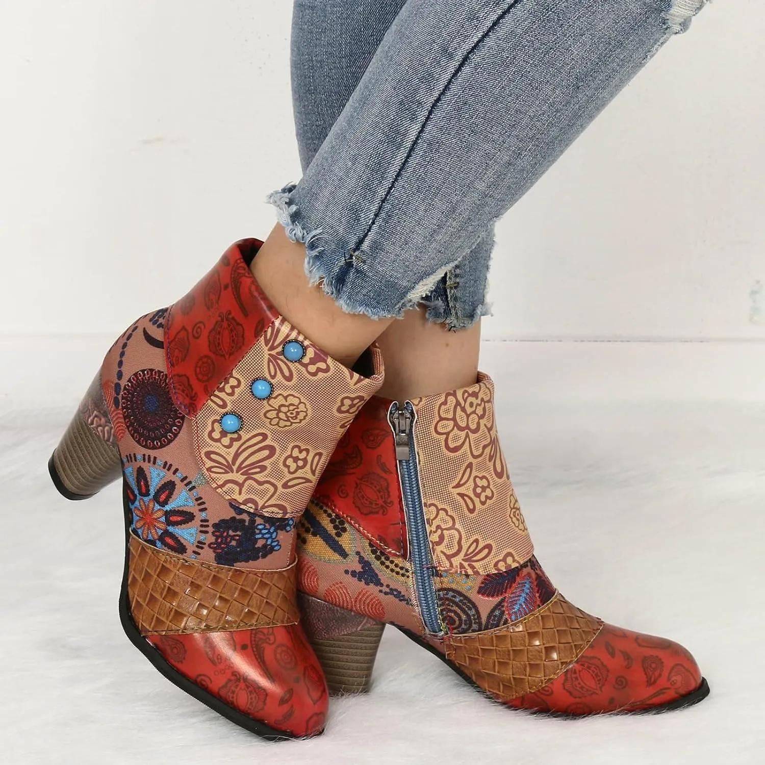 Hbeylia Boots For Women Fashion Snake Leather Round Toe Pump Ankle Booties Trendy Chunky High Heels Dress Short Boots For Ladies