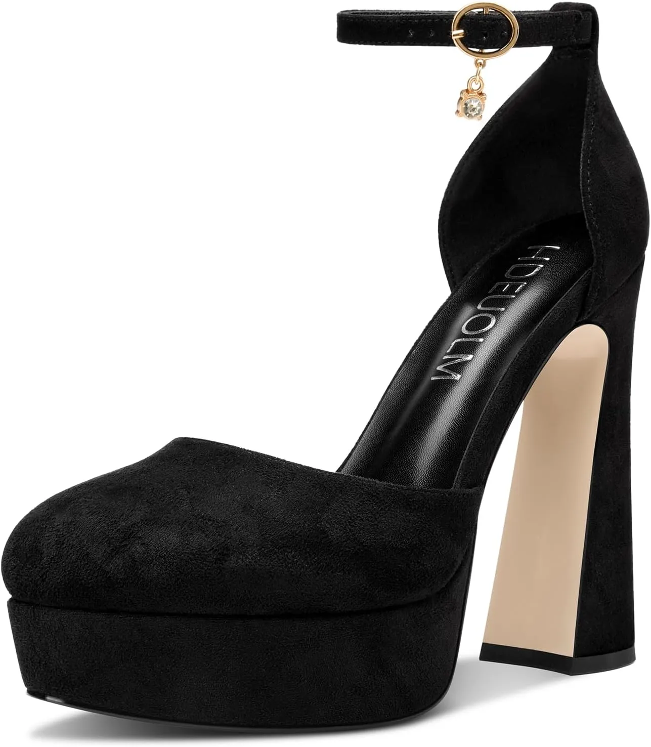 HDEUOLM Womens Chunky Block High Platform Heel Round Toe Closed Toe Pumps Two-Piece Ankle Strap Buckle Party Cute 5.3 Inches Heels